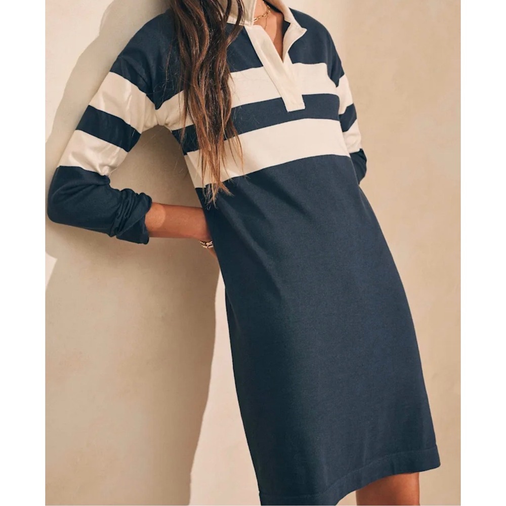 FAHERTY Rugby Jersey Polo Dress Navy Ivory Stripe Long Sleeve Size L Preppy